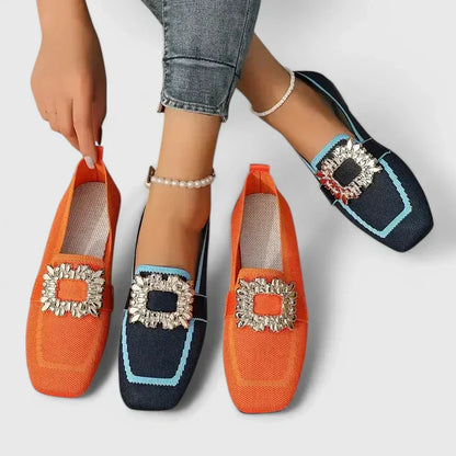 Clara - Glam Women's Comfort Loafers with Square Toe and Jewel Buckle Detail