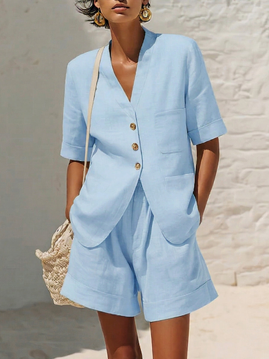 Clara - Smart Women's Linen Summer Set with Button Front Top and Shorts