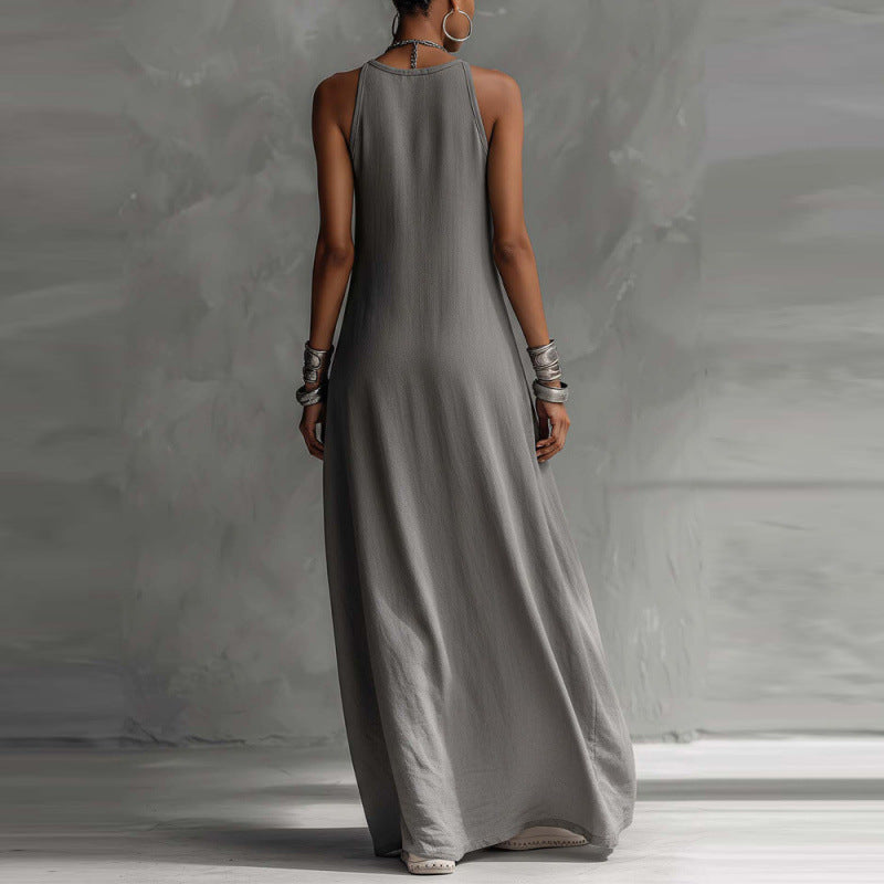 Cleo - Relaxed Women's Linen Maxi Dress with Racerback and Colour Block Panel
