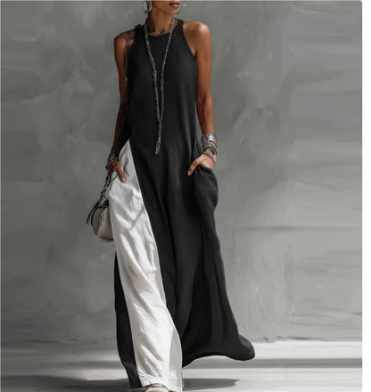 Cleo - Relaxed Women's Linen Maxi Dress with Racerback and Colour Block Panel
