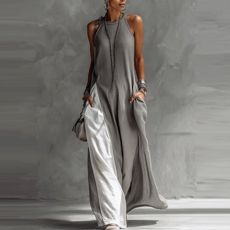 Cleo - Relaxed Women's Linen Maxi Dress with Racerback and Colour Block Panel