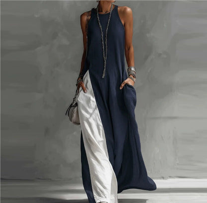 Cleo - Relaxed Women's Linen Maxi Dress with Racerback and Colour Block Panel