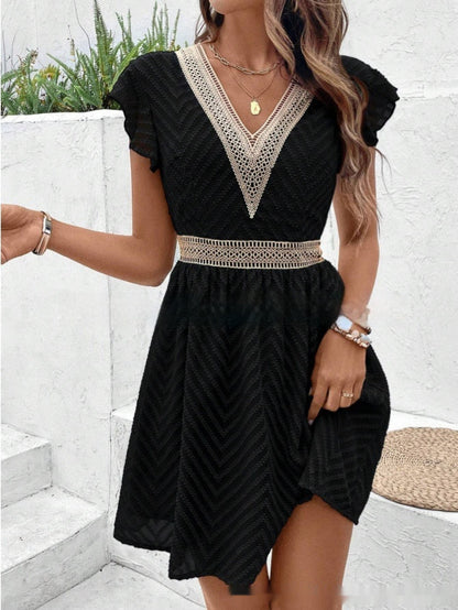 Daisy - Boho Women's Summer Mini Dress with V-Neck and Embellished Waist