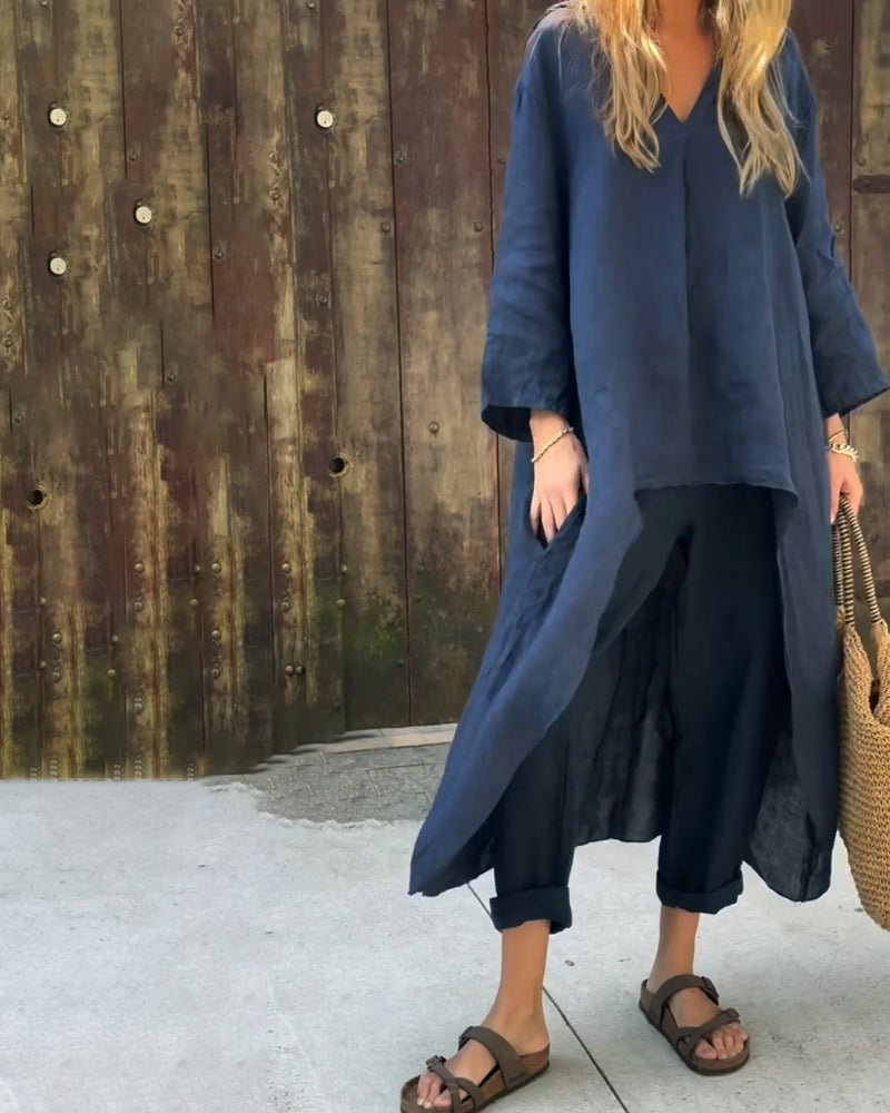 Daisy - Casual Women's Linen Co-ord Set with V-Neck and Wide-Leg Trousers