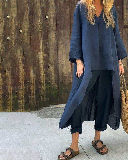 Daisy - Casual Women's Linen Co-ord Set with V-Neck and Wide-Leg Trousers