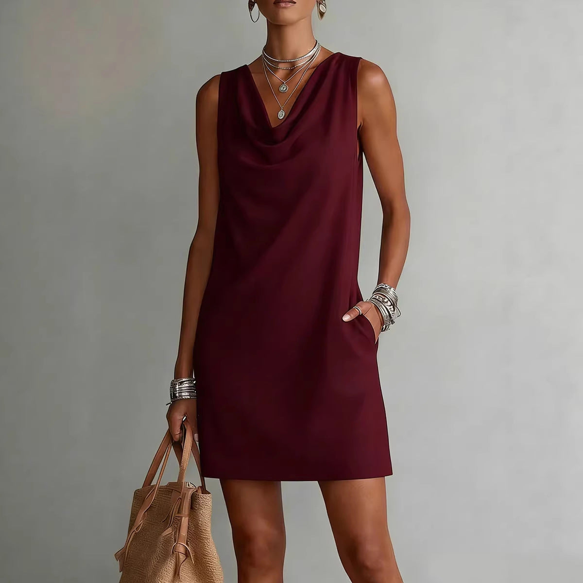 Daisy - Casual Women's Linen Mini Dress with Cowl Neck and Pockets