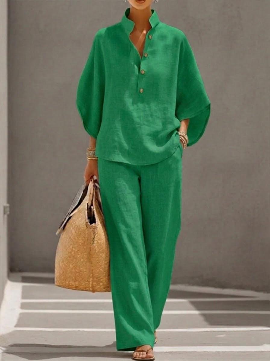 Daisy - Casual Women's Linen Set with Batwing Sleeves and Wide Leg Trousers