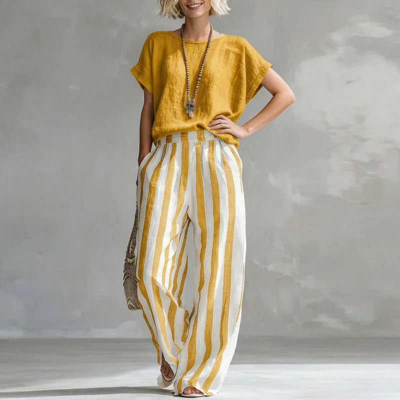 Daisy - Casual Women's Linen Summer Set with Striped Wide-Leg Trousers