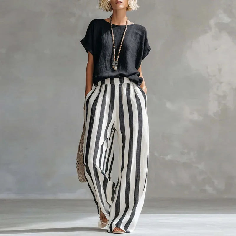 Daisy - Casual Women's Linen Summer Set with Striped Wide-Leg Trousers