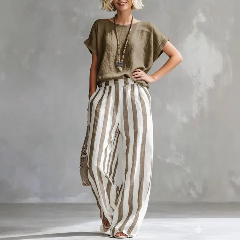 Daisy - Casual Women's Linen Summer Set with Striped Wide-Leg Trousers