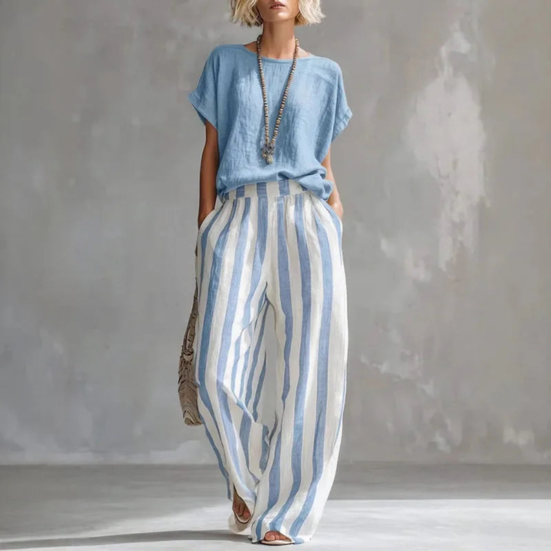 Daisy - Casual Women's Linen Summer Set with Striped Wide-Leg Trousers
