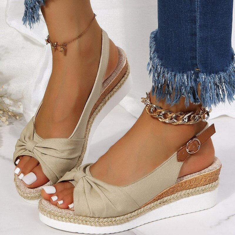 Daisy - Casual Women's Orthopedic Sandals with Wedge Heel and Knot Detail