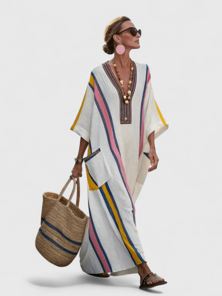 Daisy - Elegant Women's Maxi Dress with V-Neck and Short Sleeves
