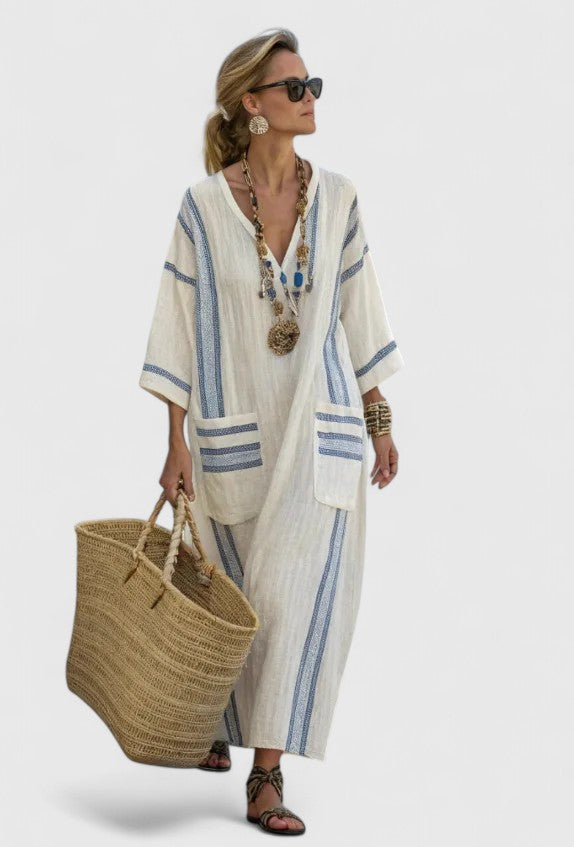 Daisy - Elegant Women's Maxi Dress with V-Neck and Short Sleeves
