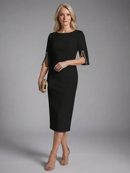 Daisy - Elegant Women's Wedding Guest Midi Dress with Boat Neck and Pearl Trim