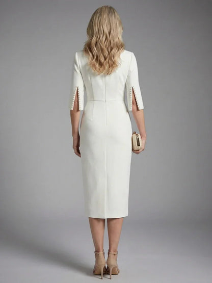 Daisy - Elegant Women's Wedding Guest Midi Dress with Boat Neck and Pearl Trim