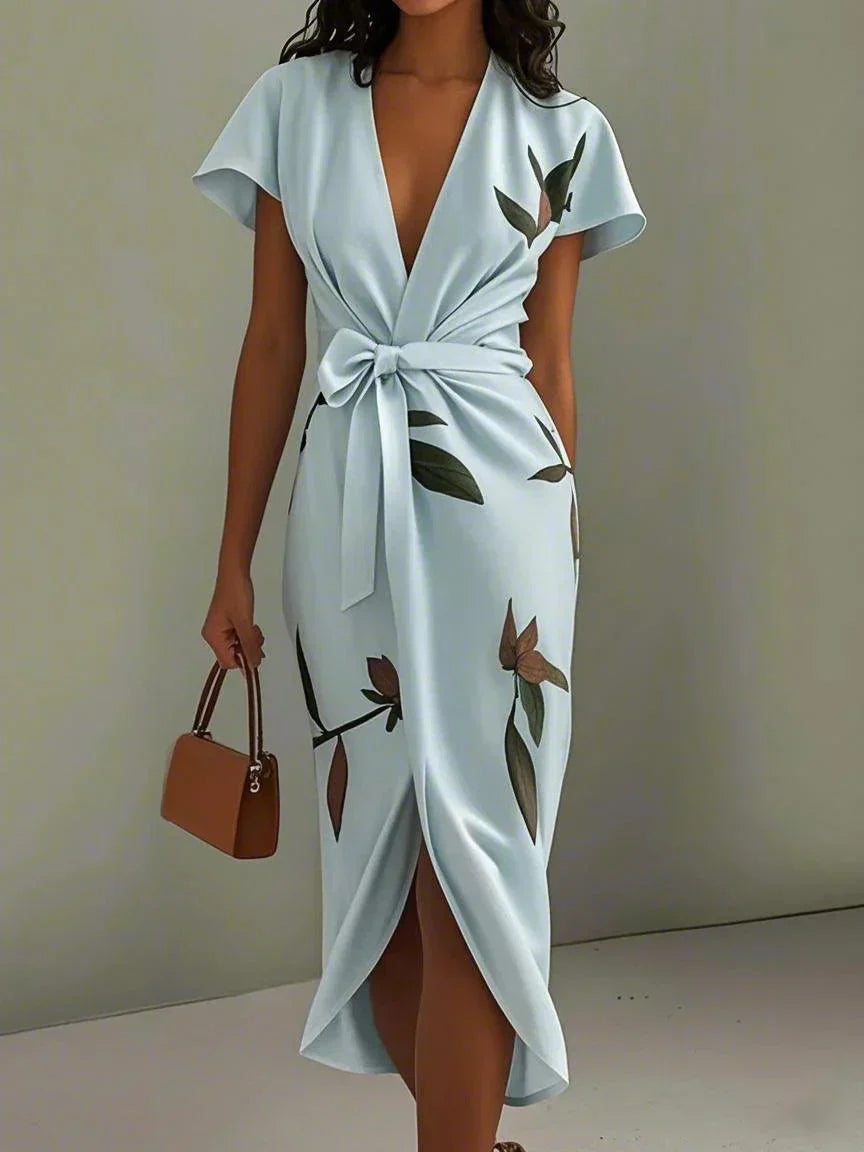 Daisy - Elegant Women's Wedding Guest Midi Dress with Deep V Neck and Tie Waist
