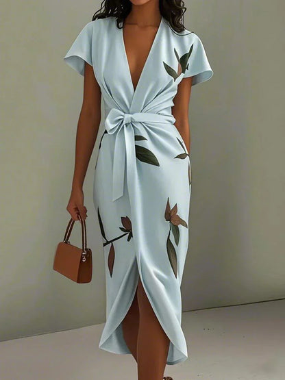 Daisy - Elegant Women's Wedding Guest Midi Dress with Deep V Neck and Tie Waist