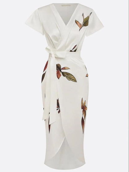 Daisy - Elegant Women's Wedding Guest Midi Dress with Deep V Neck and Tie Waist