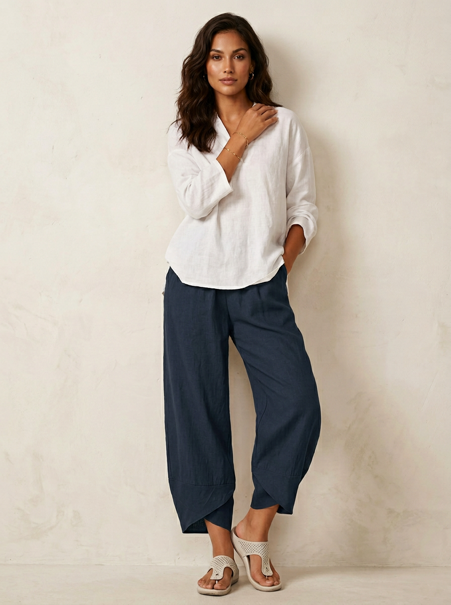 Daisy - Relaxed Women's Linen Trousers with Tulip Hem and Cropped Leg