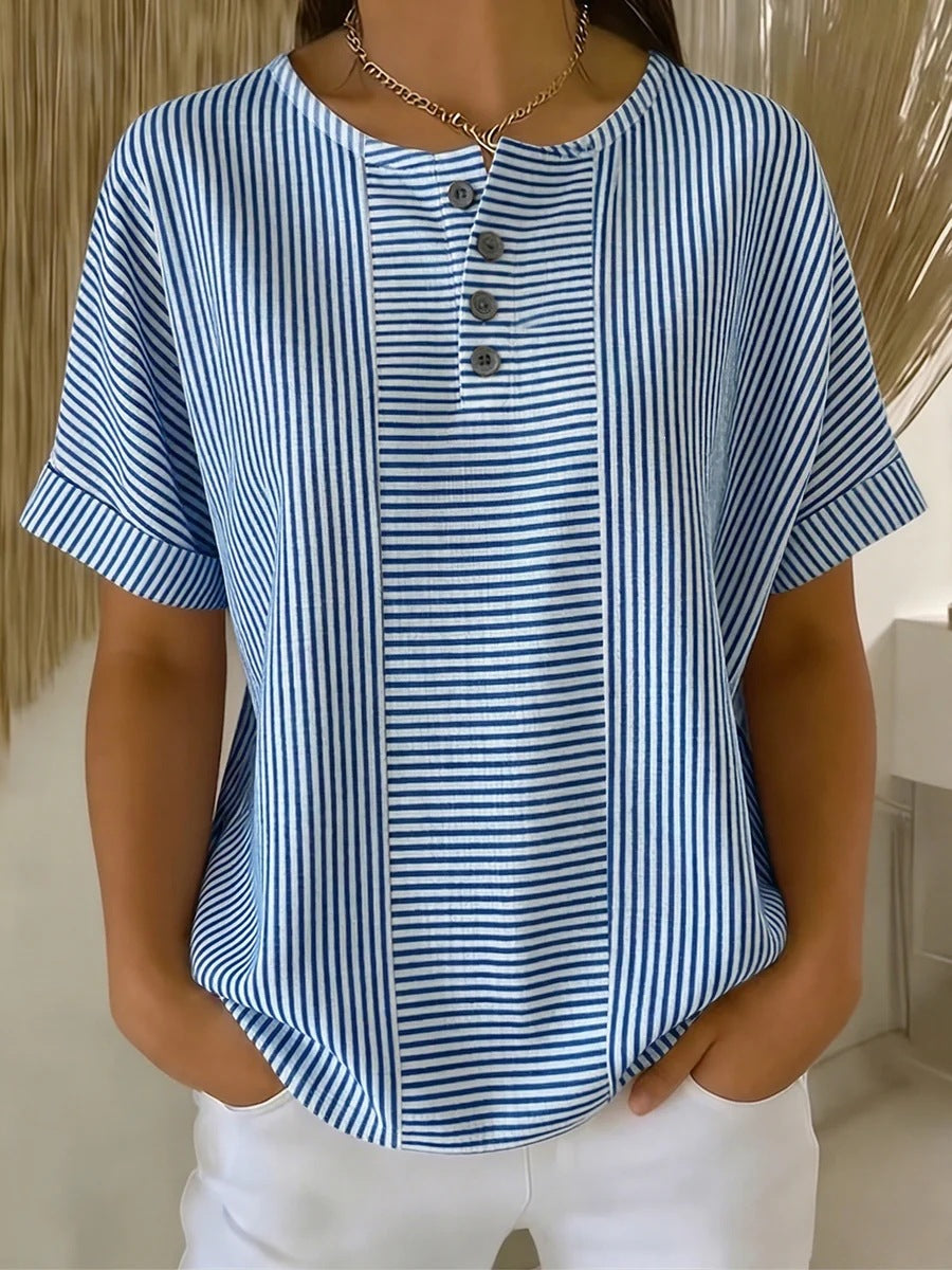 Daphne - Preppy Women's Linen Cotton Shirt with Striped Print and Button Placket
