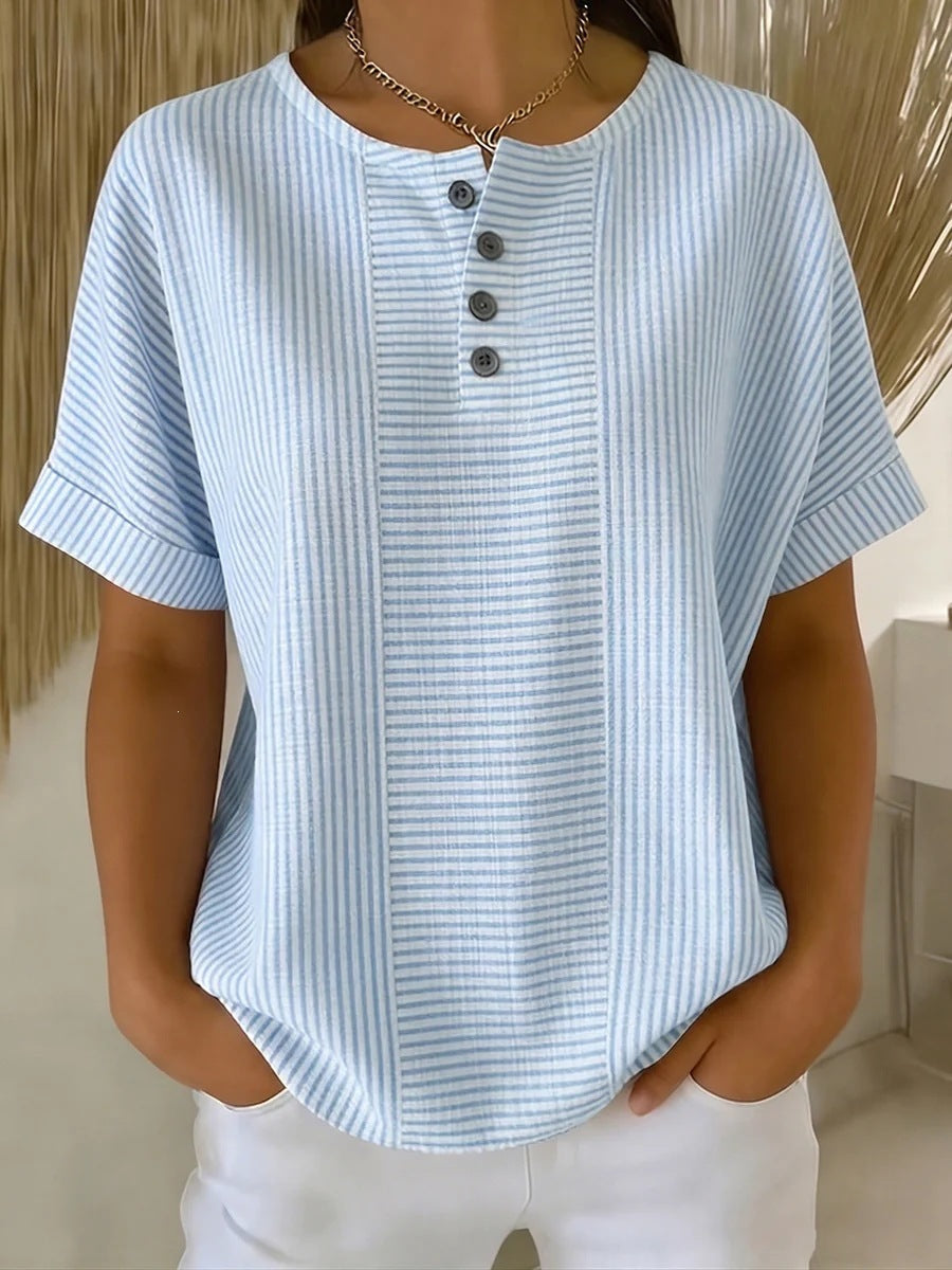 Daphne - Preppy Women's Linen Cotton Shirt with Striped Print and Button Placket