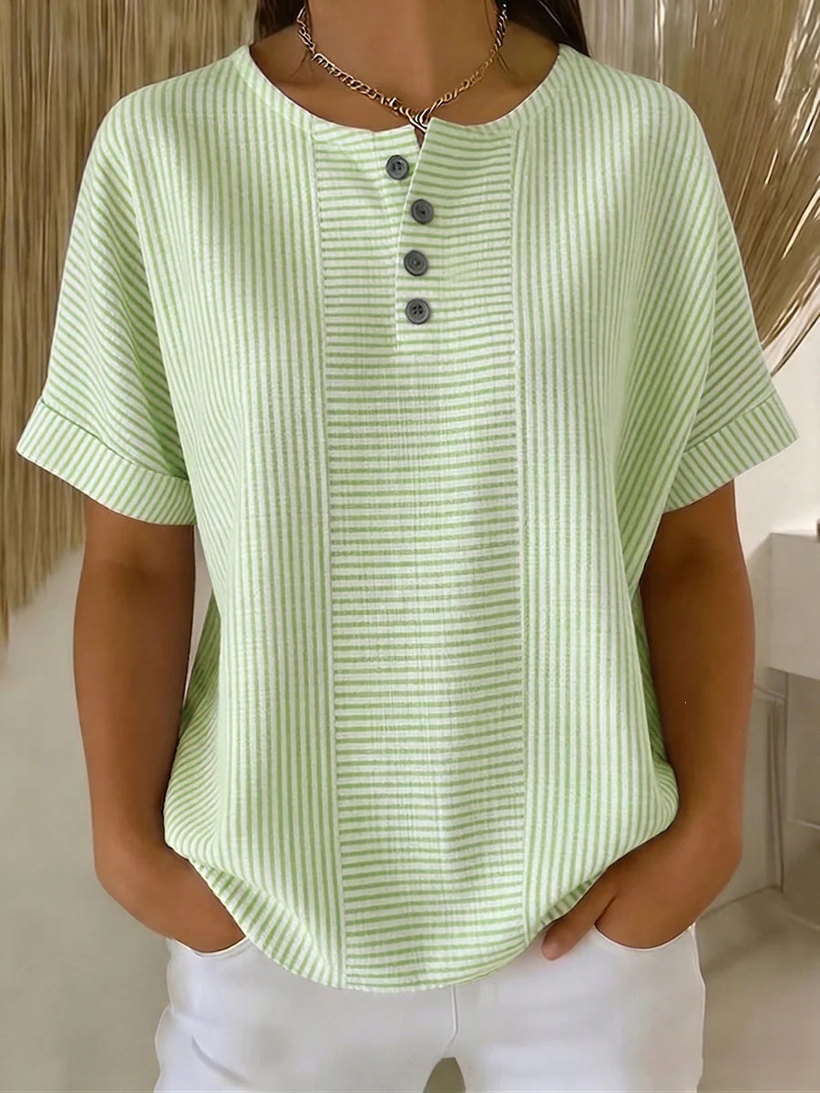 Daphne - Preppy Women's Linen Cotton Shirt with Striped Print and Button Placket