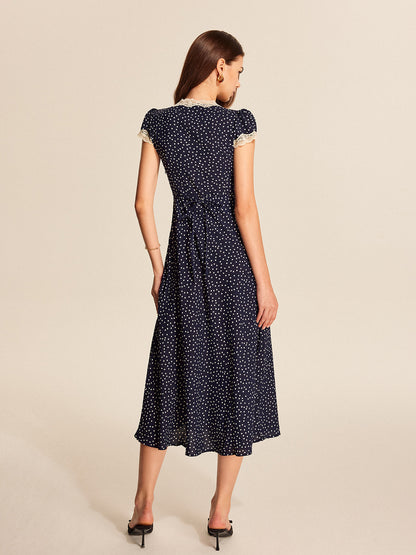 Delia - Vintage Women's Midi Dress with Deep V Neck and Puff Sleeves in Floral Print