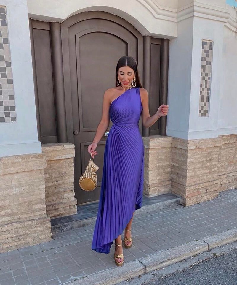 Diana - Elegant Women's Wedding Guest Midi Dress with One Shoulder and Pleated Skirt