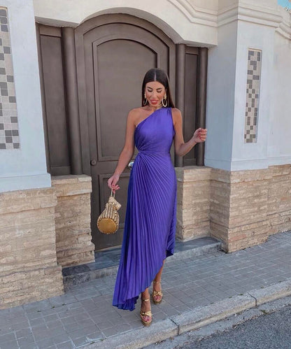 Diana - Elegant Women's Wedding Guest Midi Dress with One Shoulder and Pleated Skirt