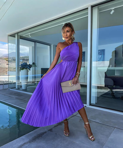 Diana - Elegant Women's Wedding Guest Midi Dress with One Shoulder and Pleated Skirt