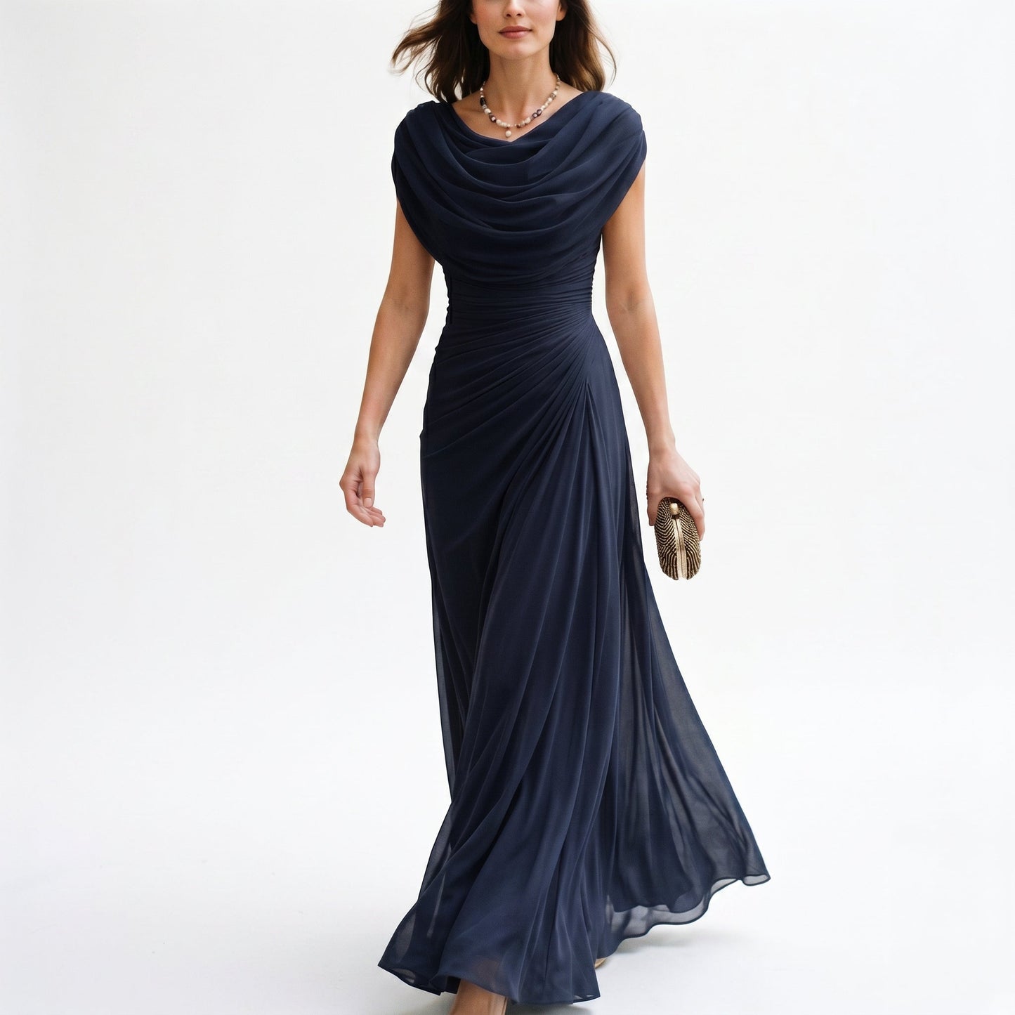 Eleanor - Formal Women's Wedding Guest Dress with Cowl Neckline and Ruched Waist