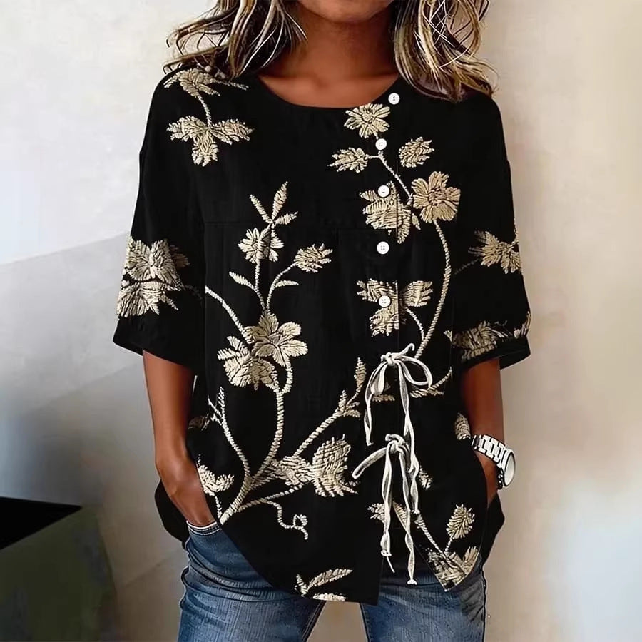 Eliza - Vintage Women's Linen Shirt with Floral Print and Tie Waist Detail