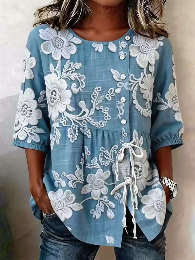 Eliza - Vintage Women's Linen Shirt with Floral Print and Tie Waist Detail