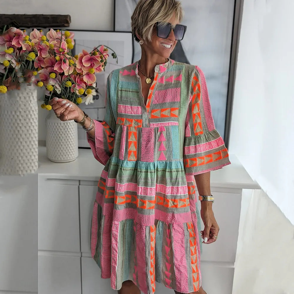 Ella - Boho Women's Summer Dress with Button Placket and Tiered Skirt