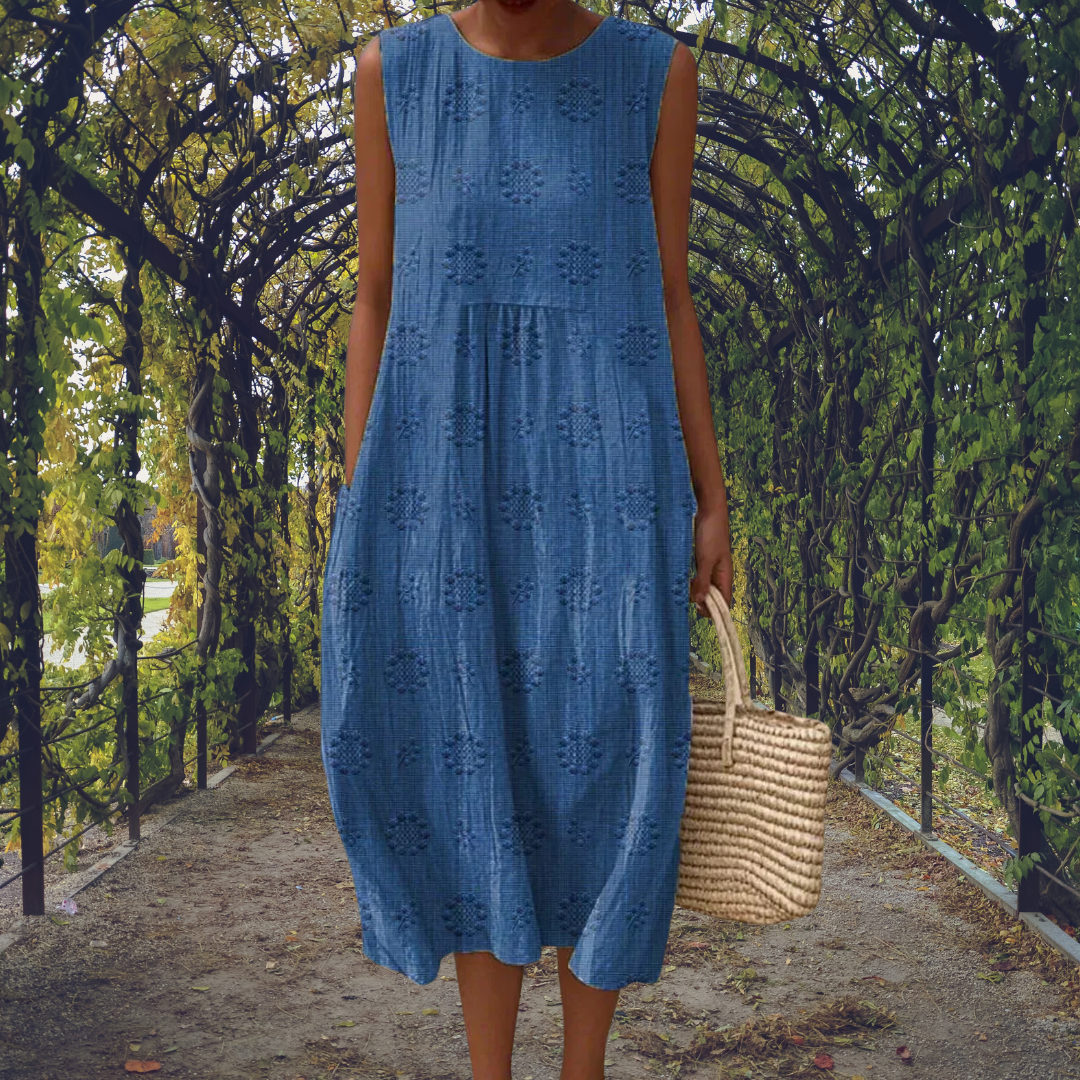 Ella - Casual Women's Linen Maxi Dress with Textured Print and Side Pockets