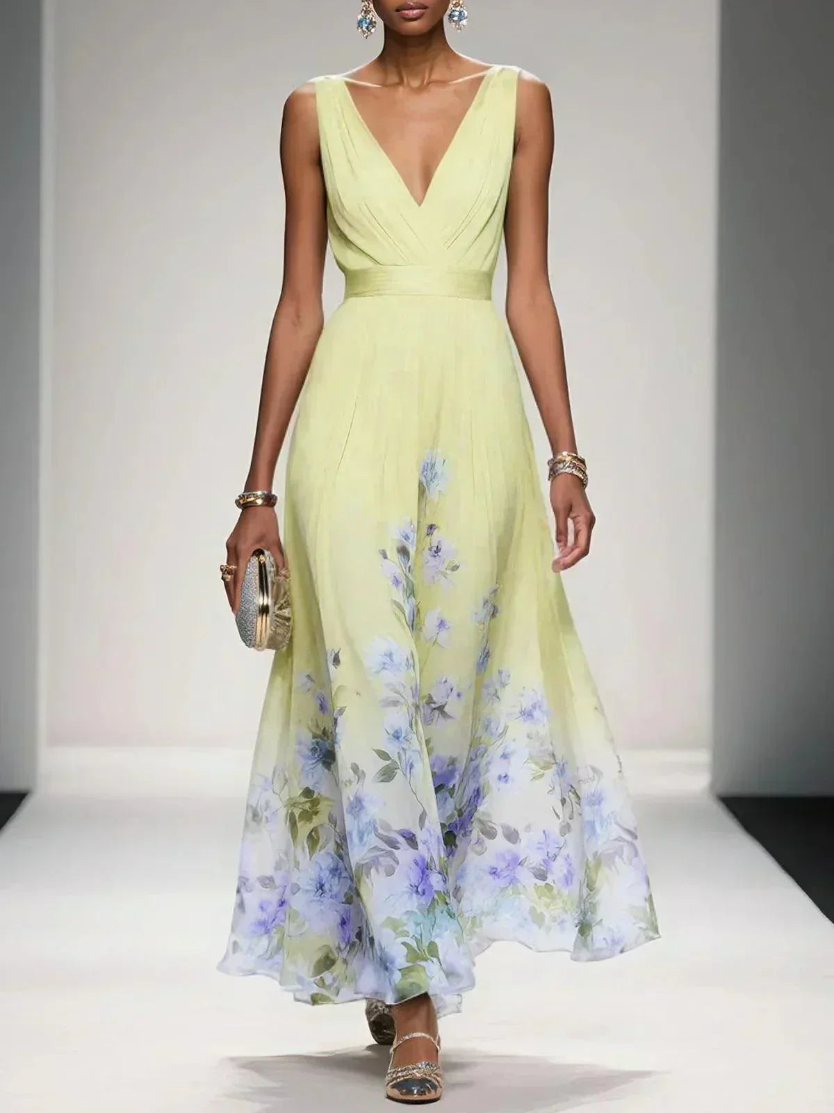 Ella - Elegant Women's Wedding Guest Maxi Dress with V-Neck and Floral Hem