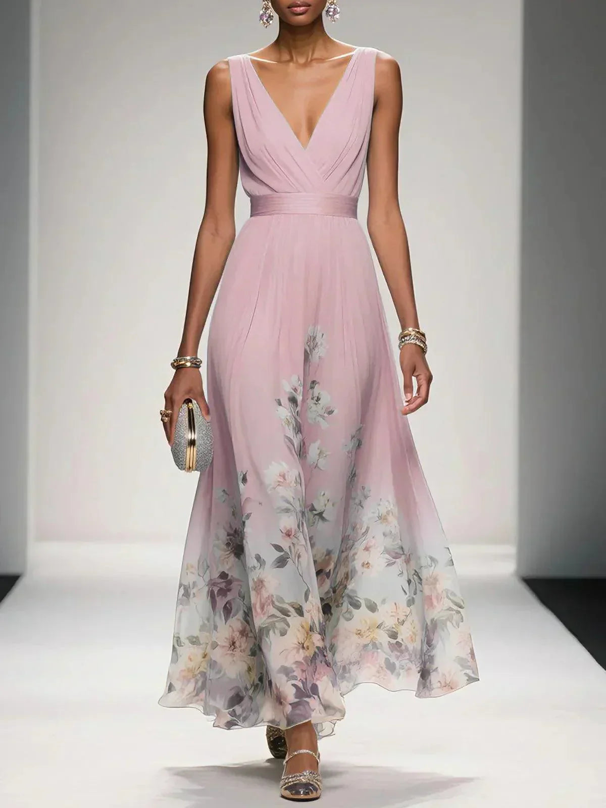 Ella - Elegant Women's Wedding Guest Maxi Dress with V-Neck and Floral Hem