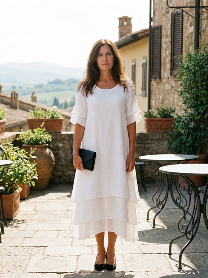 Ella - Flowy Women's Wedding Guest Dress with Round Neckline and Tiered Hem