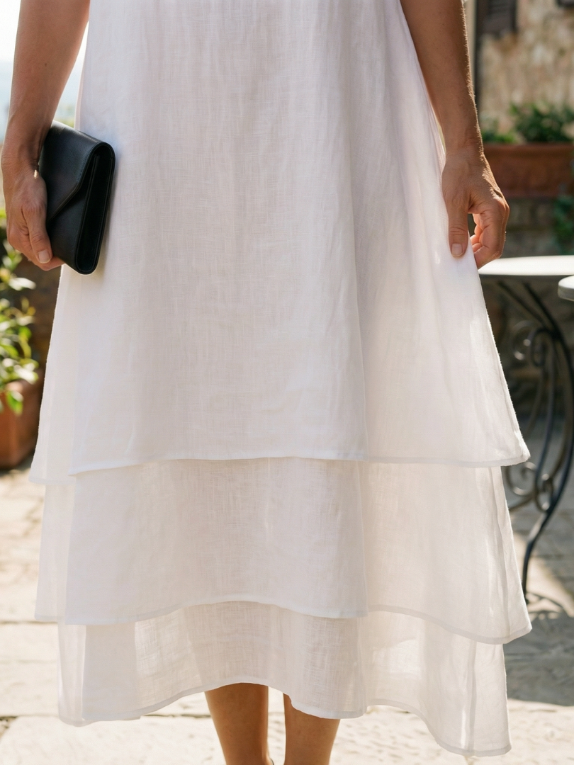 Ella - Flowy Women's Wedding Guest Dress with Round Neckline and Tiered Hem