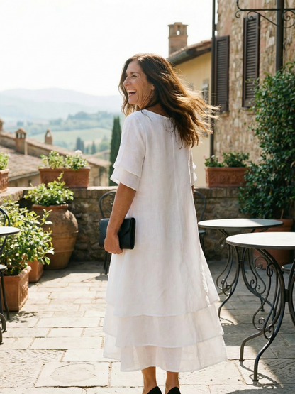 Ella - Flowy Women's Wedding Guest Dress with Round Neckline and Tiered Hem