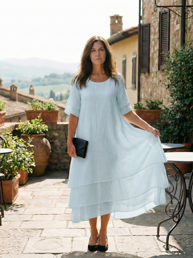 Ella - Flowy Women's Wedding Guest Dress with Round Neckline and Tiered Hem