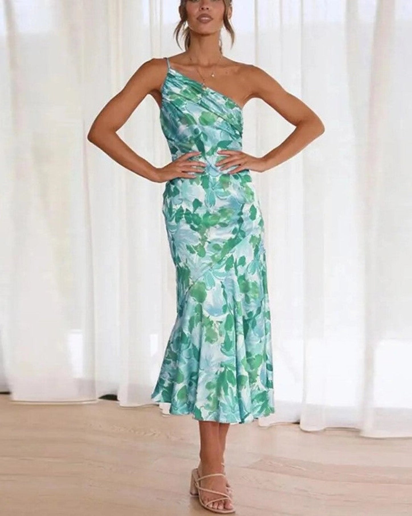 Ella - Flowy Women's Wedding Guest Midi Dress with One Shoulder and Floral Print