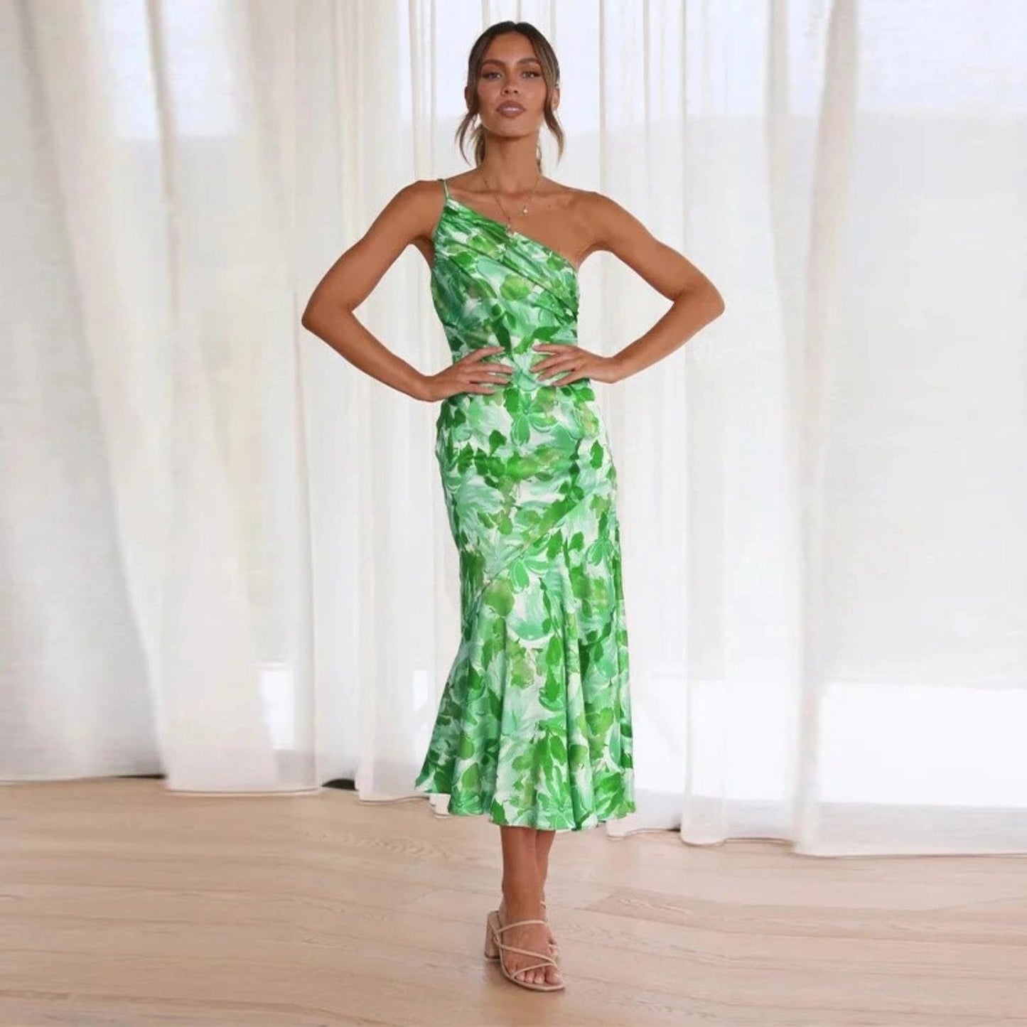 Ella - Flowy Women's Wedding Guest Midi Dress with One Shoulder and Floral Print