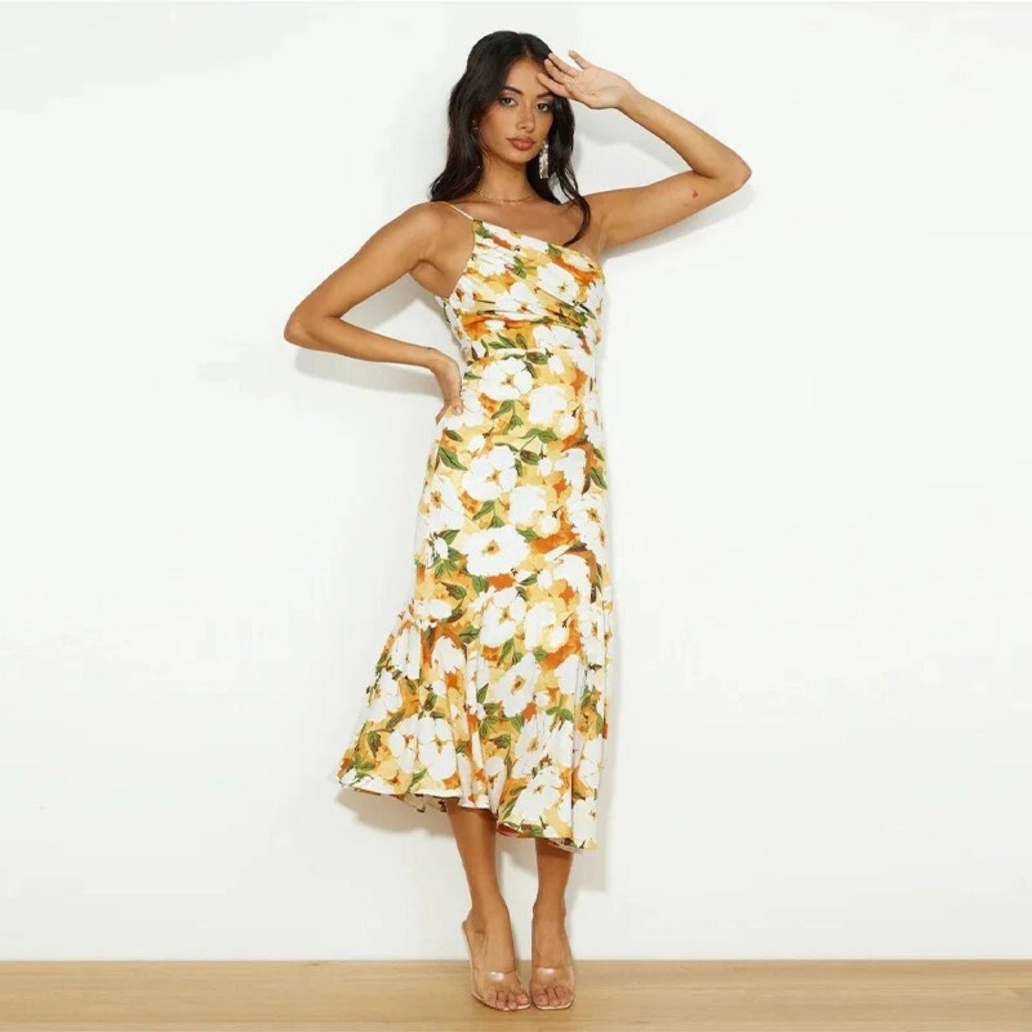 Ella - Flowy Women's Wedding Guest Midi Dress with One Shoulder and Floral Print