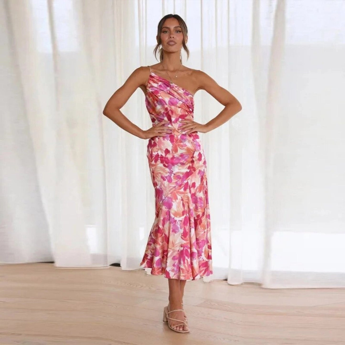 Ella - Flowy Women's Wedding Guest Midi Dress with One Shoulder and Floral Print