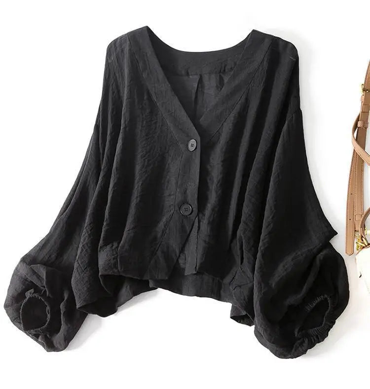 Emily - Casual Women's Linen Blouse with V-Neck and Lantern Sleeves