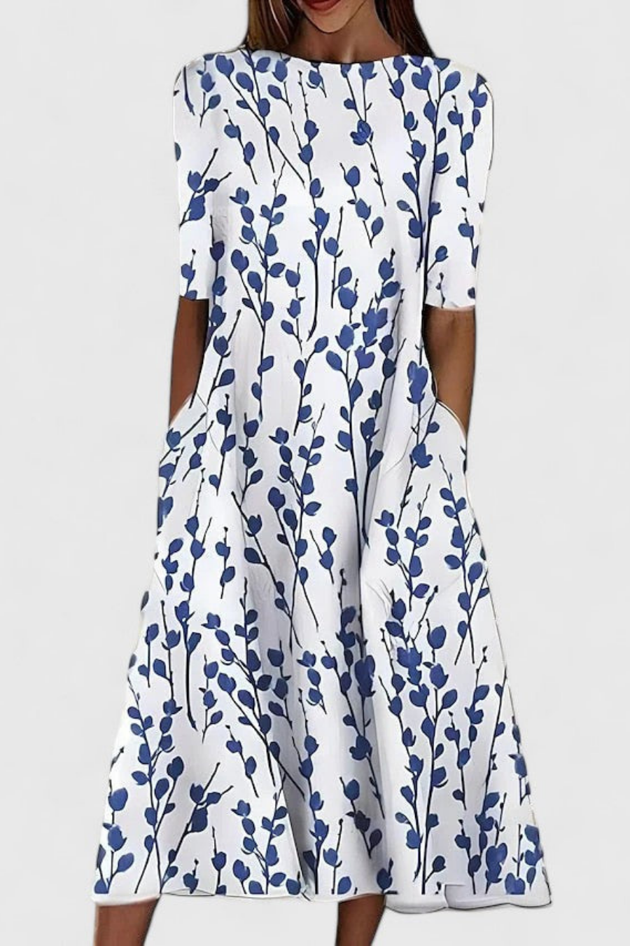 Emily - Casual Women's Linen Dress with Round Neck and Side Pockets