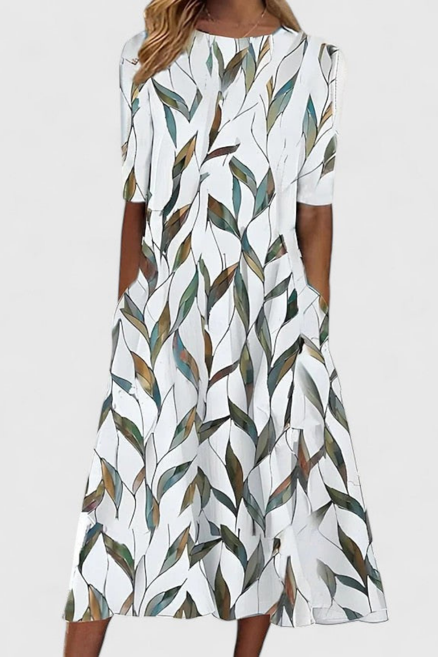 Emily - Casual Women's Linen Dress with Round Neck and Side Pockets