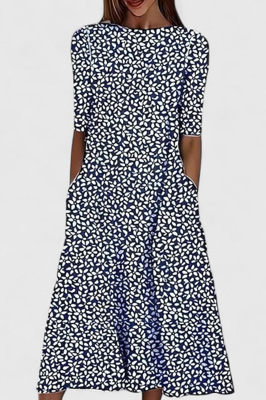 Emily - Casual Women's Linen Dress with Round Neck and Side Pockets